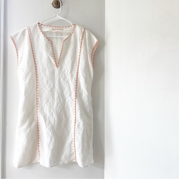 • Tory Burch White Linen Orange Embroidered Tunic Dress •